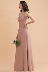Blush V-Neck Chiffon A-Line Long Bridesmaid Dress with Ruching Side View