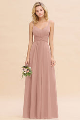 Blush V-Neck Chiffon A-Line Long Bridesmaid Dress with Ruching