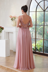 Blush V-Neck Chiffon A-Line Long Prom Dress with Lace Appliques Back View