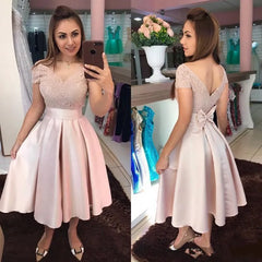 Blush V-Neck Satin A-Line Prom Dress with Lace Appliques