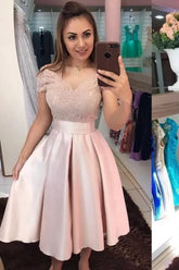 Blush V-Neck Satin A-Line Prom Dress with Lace Appliques