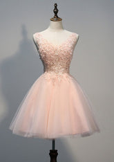 Blush V-Neck Tulle A-Line Homecoming Dress with Floral Details