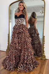 Brown Leopard Sweetheart A-Line Ruffled Long Corset Prom Dress with Slit