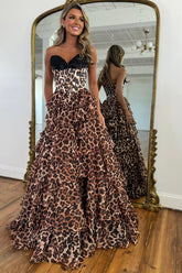 Brown Leopard Sweetheart A-Line Ruffled Long Corset Prom Dress with Slit