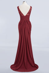 Burgundy Chiffon Mermaid Long Bridesmaid Dress with Lace Appliques Back View