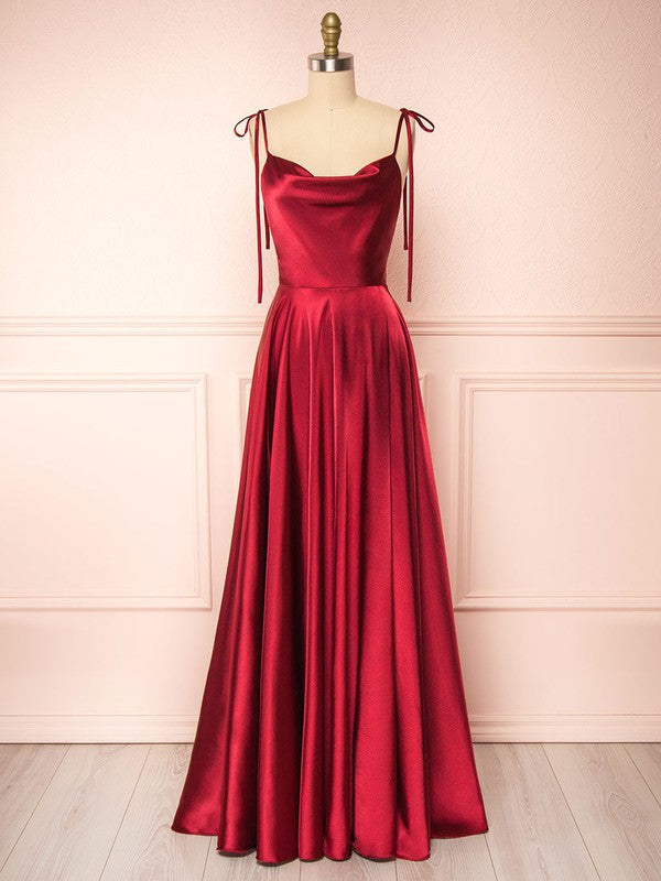 Burgundy Cowl Neck Satin A-Line Long Bridesmaid Dress