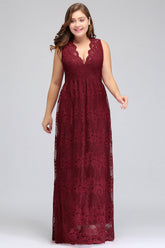Burgundy Deep V-Neck Lace Empire Long Bridesmaid Dress