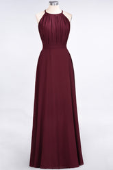 Burgundy Halter Chiffon A-Line Long Bridesmaid Dress