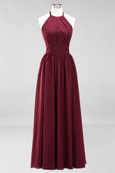 Burgundy Halter Chiffon A-Line Long Bridesmaid Dress with Pleats