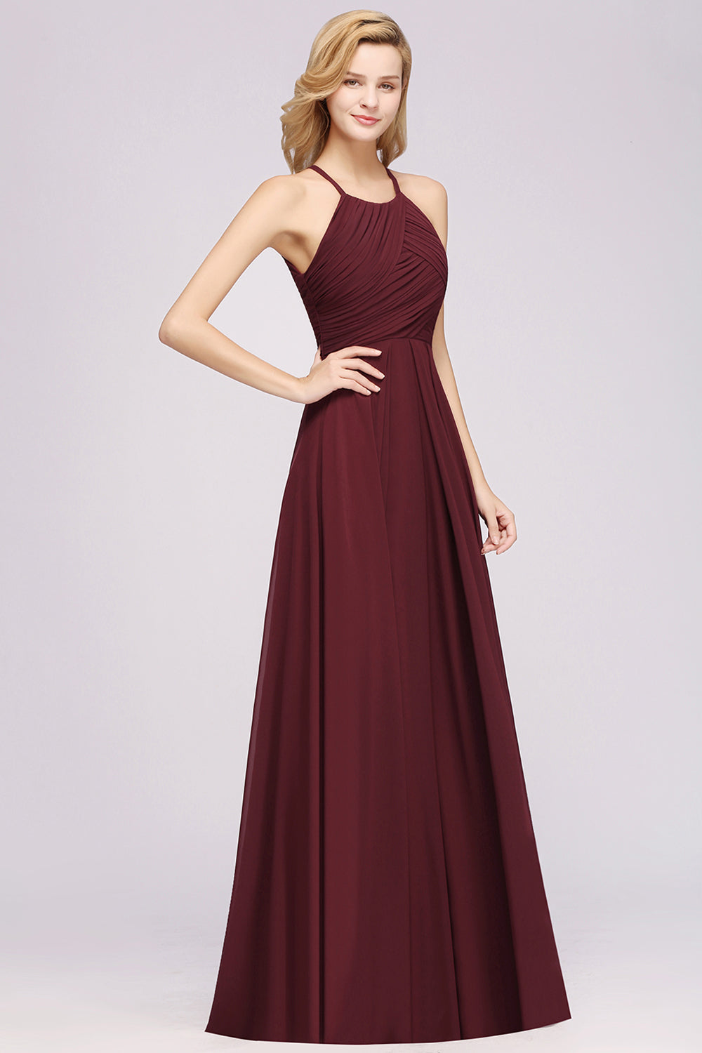 Burgundy Halter Chiffon A-Line Long Bridesmaid Dress with Ruching