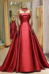 Burgundy High Neck Satin A-Line Long Prom Dress with Long Sleeves