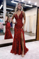Burgundy V-neck Sequin Backless Long Mermaid Prom Dress with Slit