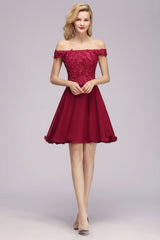 Burgundy Off The Shoulder Chiffon A-Line Short Bridesmaid Dress