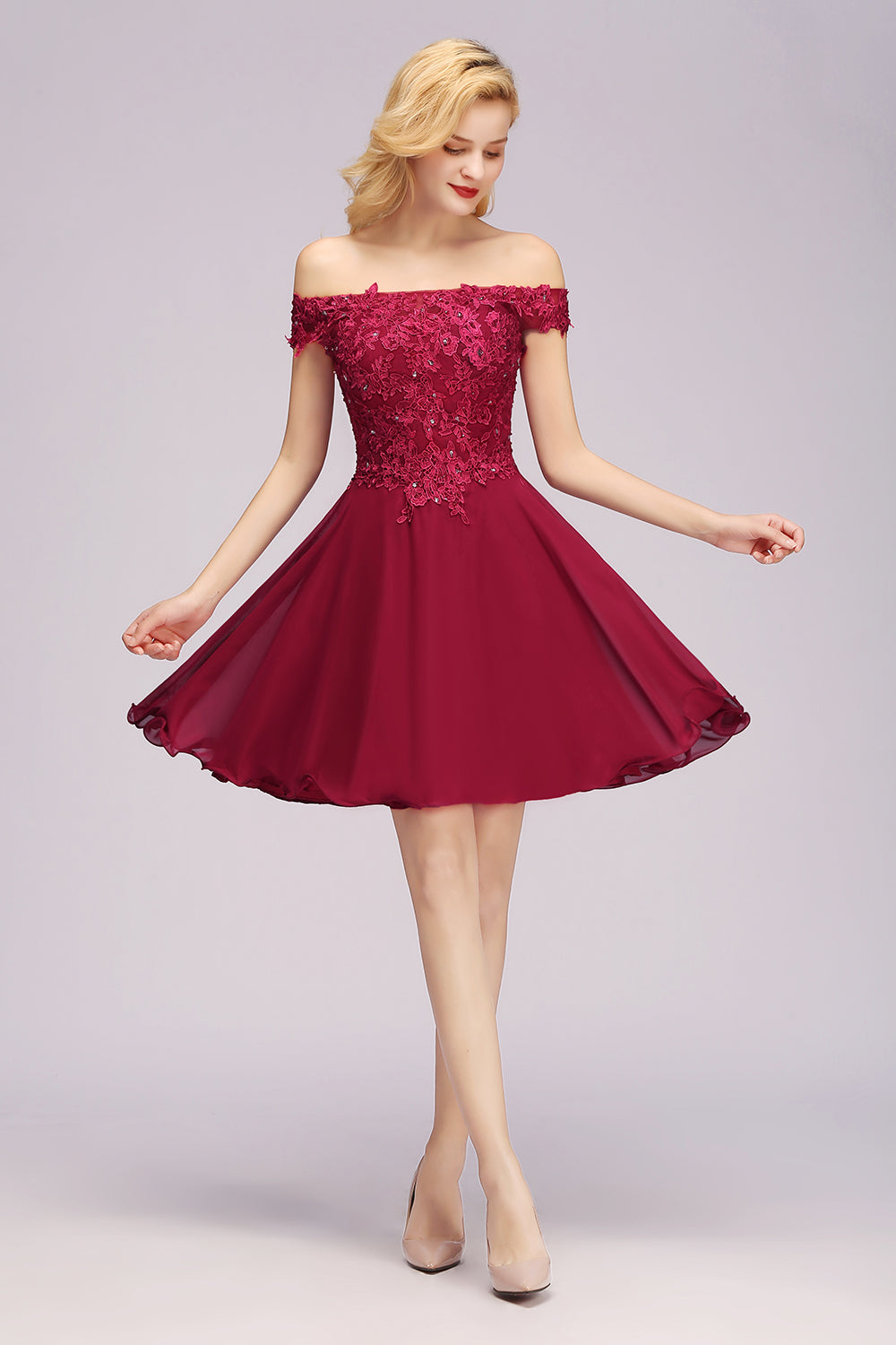 Burgundy Off The Shoulder Chiffon A-Line Short Bridesmaid Dress