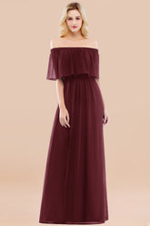 Burgundy Off The Shoulder Chiffon Empire Long Bridesmaid Dress