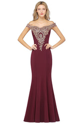 Burgundy Off The Shoulder Mermaid Long Prom Dress with Lace Appliques