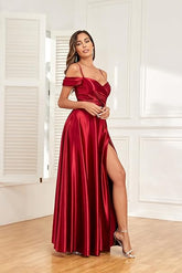 Burgundy Off The Shoulder Satin A-Line Long Prom Dress with Slit