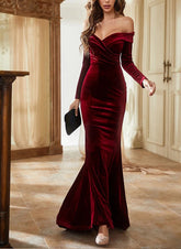 Burgundy Off The Shoulder Velvet Mermaid Long Evening Dress with Long Sleeves