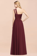 Burgundy One Shoulder Chiffon A-Line Long Bridesmaid Dress Back View