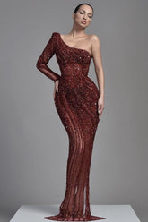 Burgundy One Shoulder Sequin Sheath Long Evening Dress with Long Sleeves