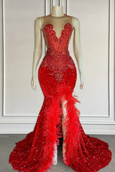 Red V-neck Tulle Mermaid Sweep Train Prom Dresses with Split Front Tassel Applique