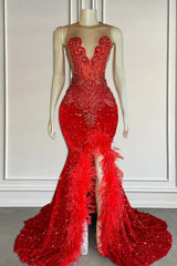 Red V-neck Tulle Mermaid Sweep Train Prom Dresses with Split Front Tassel Applique