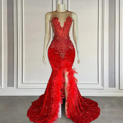 Red V-neck Tulle Mermaid Sweep Train Prom Dresses with Split Front Tassel Applique