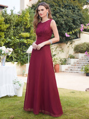 Burgundy Scoop Neck A-Line Long Bridesmaid Dress with Lace Appliques
