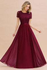 Burgundy Scoop Neck Chiffon A-Line Long Bridesmaid Dress with Lace Appliques