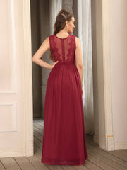 Burgundy Scoop Neck Chiffon A-Line Long Bridesmaid Dress with Lace Appliques and Pleats Back View