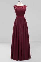 Burgundy Scoop Neck Chiffon A-Line Long Bridesmaid Dress with Pleats