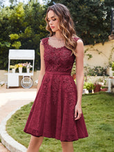 Burgundy Scoop Neck Lace A-Line Homecoming Dress with Lace Appliques