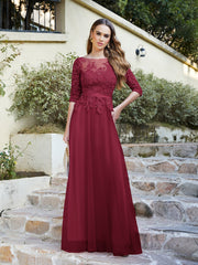 Burgundy Scoop Neck Tulle A-Line Long Bridesmaid Dress
