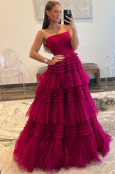 Burgundy Strapless Tulle Ball Gown Long Prom Dress