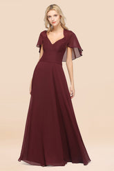 Burgundy Sweetheart Chiffon A-Line Long Bridesmaid Dress with Cape
