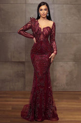Burgundy Sweetheart Sequin Mermaid Long Evening Dress with Long Sleeves