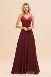 Burgundy V-Neck A-Line Long Bridesmaid Dress