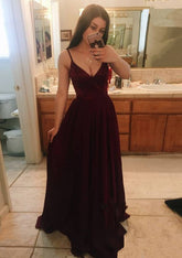 Burgundy V-Neck A-Line Long Prom Dress
