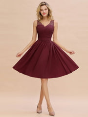 Burgundy V-Neck Chiffon A-Line Bridesmaid Dress with Lace Appliques