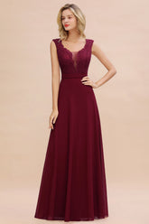 Burgundy V-Neck Chiffon A-Line Long Bridesmaid Dress
