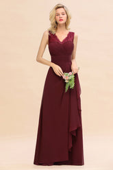 Burgundy V-Neck Chiffon A-Line Long Bridesmaid Dress with Ruffles