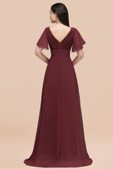 Burgundy V-Neck Chiffon Empire Long Bridesmaid Dress with Pleats Back View