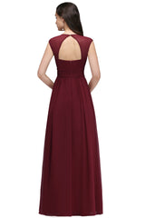 Burgundy V-Neck Chiffon Empire Long Bridesmaid Dress with Rhinestones Back View