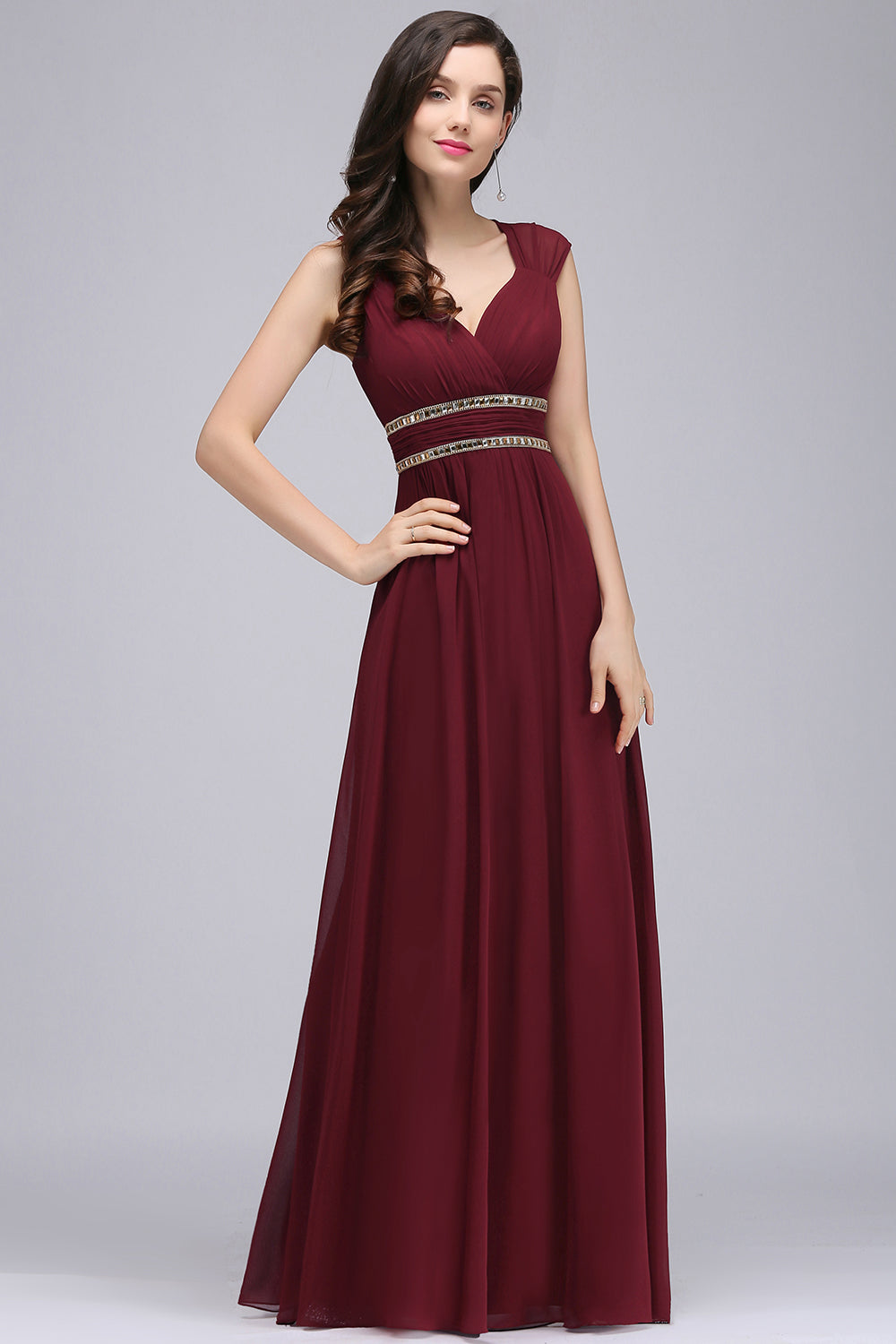 Burgundy V-Neck Chiffon Empire Long Bridesmaid Dress with Rhinestones