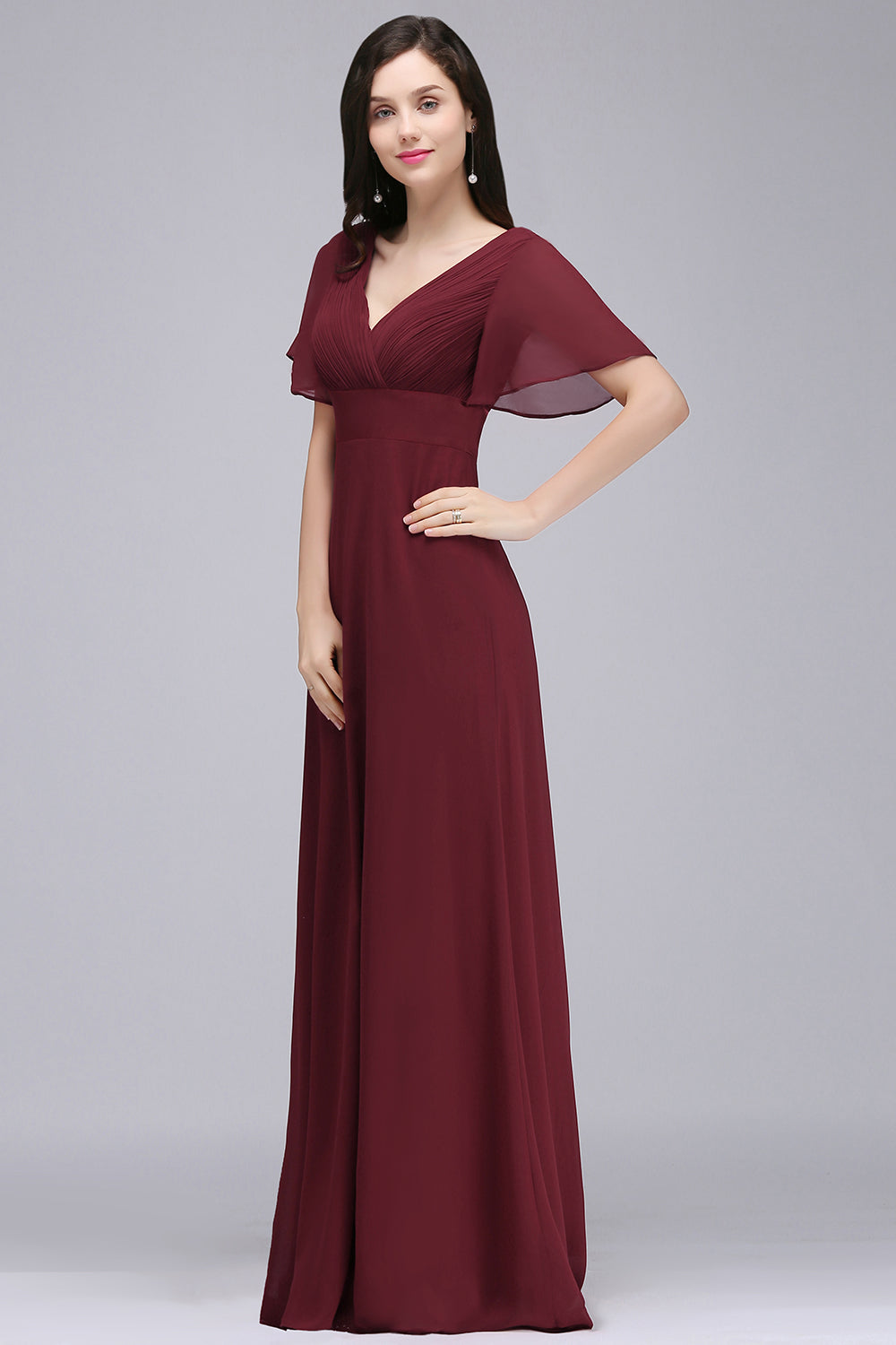 Burgundy V-Neck Chiffon Empire Long Bridesmaid Dress
