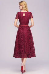 Burgundy V-Neck Lace A-Line Bridesmaid Dress Back View