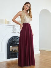 Long A Line Halter Gold Appliques Chiffon Wedding Party Dress
