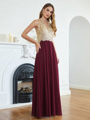 Long A Line Halter Gold Appliques Chiffon Wedding Party Dress