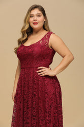 High Low A line U Neck Sleeveless Lace Formal Dress