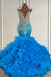 Ocean Blue Mermaid V-Neck Sleeveless Tulle Ruffle Prom Dresses With Beadings Applique